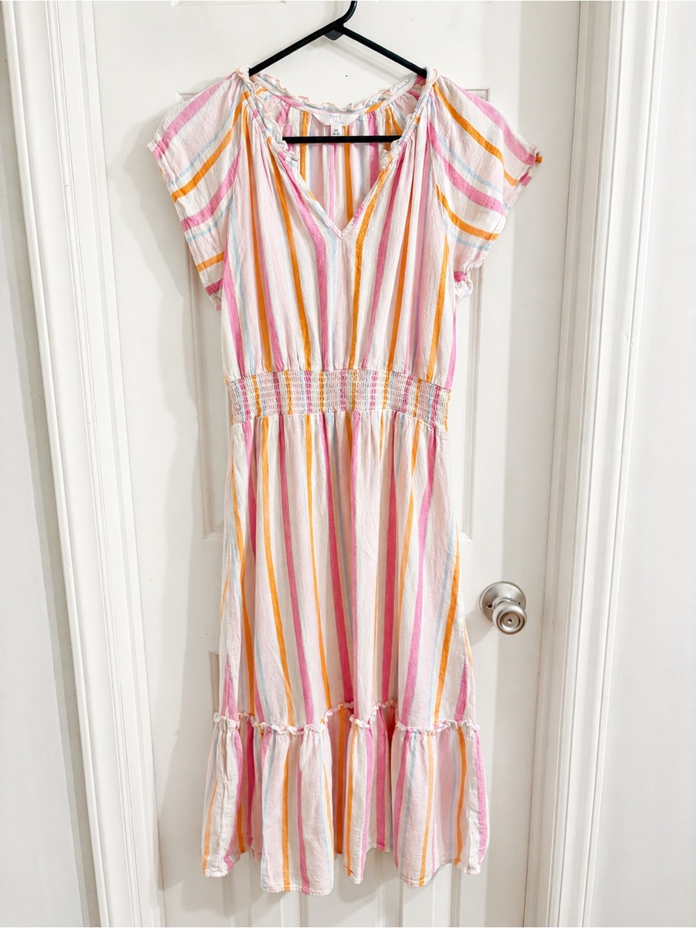 Coastal XS Pastel cottagecore Linen Blend resort Stripe Midi summer smock dress